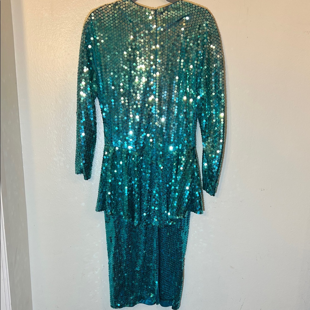 80s Vintage Teal Sequin Long Sleeve MIDI Dress with Peplum Large - Picture 6 of 9